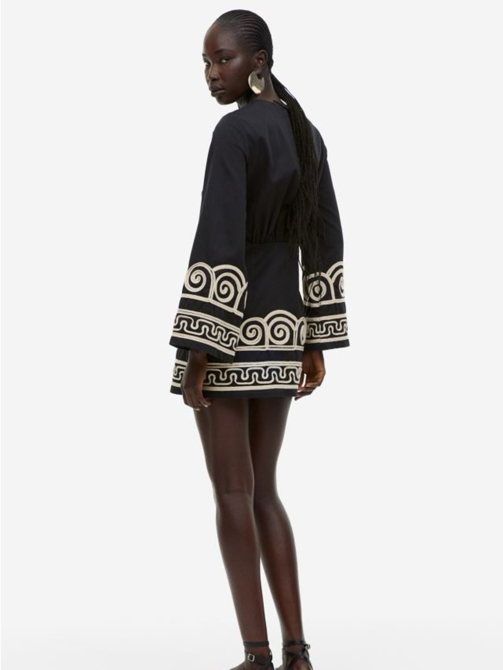 H&M Black Long-Sleeve Mini Dress with Cream Embroidered Trim